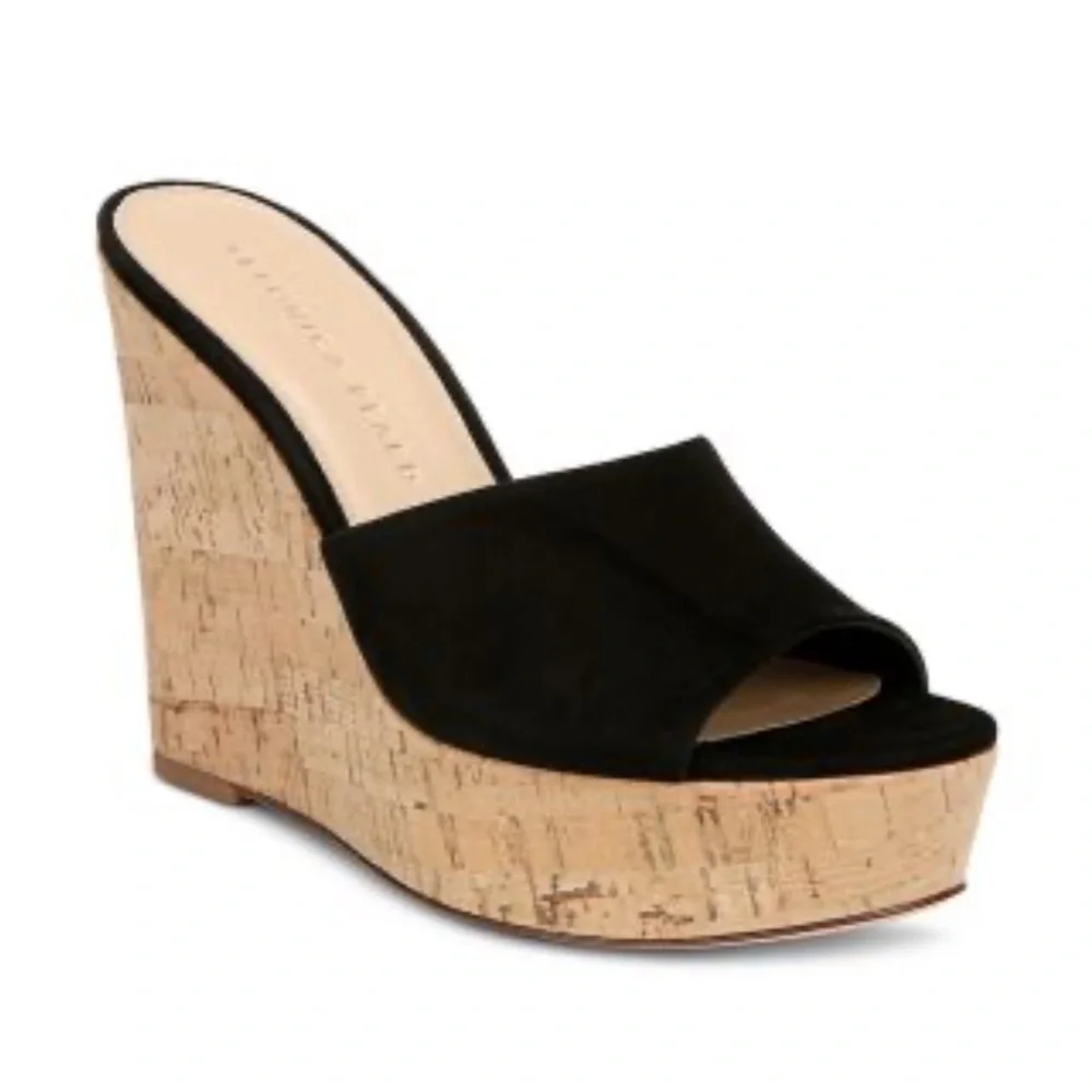 Veronica Beard Dali Slip on Platform black and cork wedge sandal